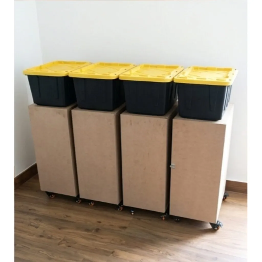 Cuatro cajas plásticas apiladas sobre guardarropas móviles listos para una mudanza